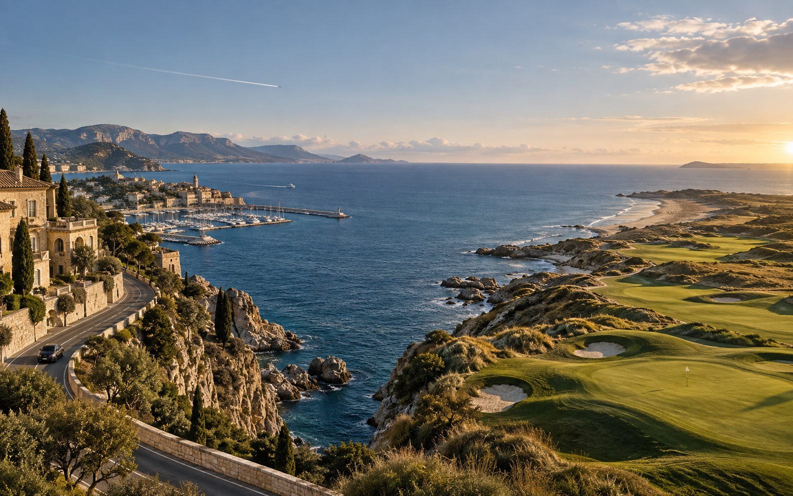 Coastal travel landscape transitioning into a links golf course